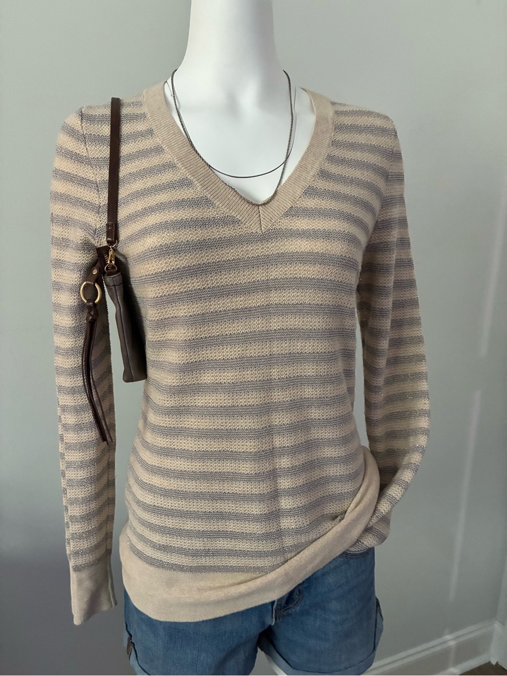 Banana Republic Beige & Gray Striped V-Neck Sweater
